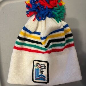 Source Unknown White Kids Pom Beanie with Multi-Color Stripes